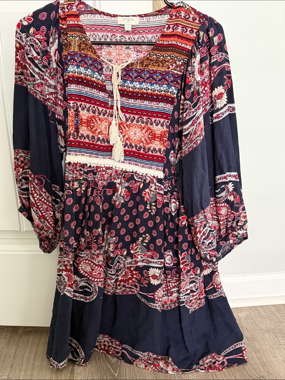 Umgee Navy Boho Paisley Print Peasant Blouse with Red and Cream Accents